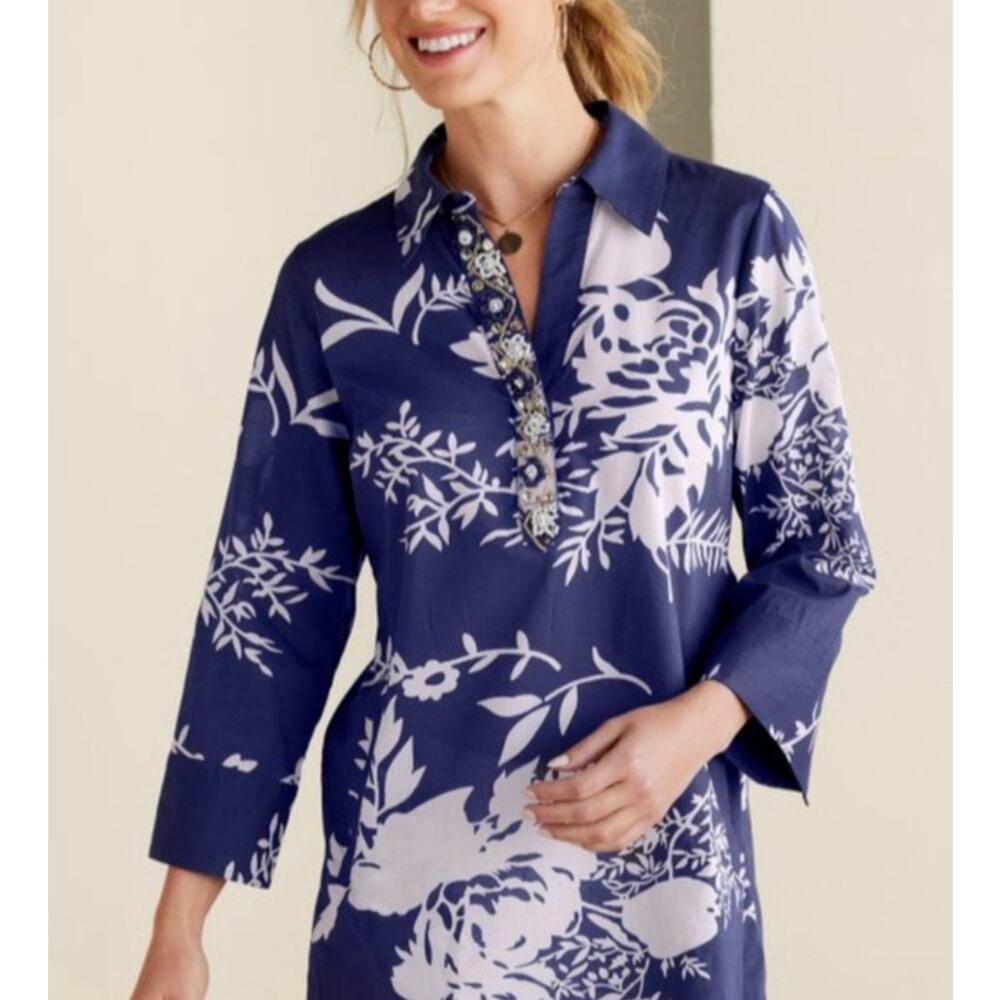 Soft Surroundings Women Resortwear Embellished Floral Tunic Top Lagenlook Size L